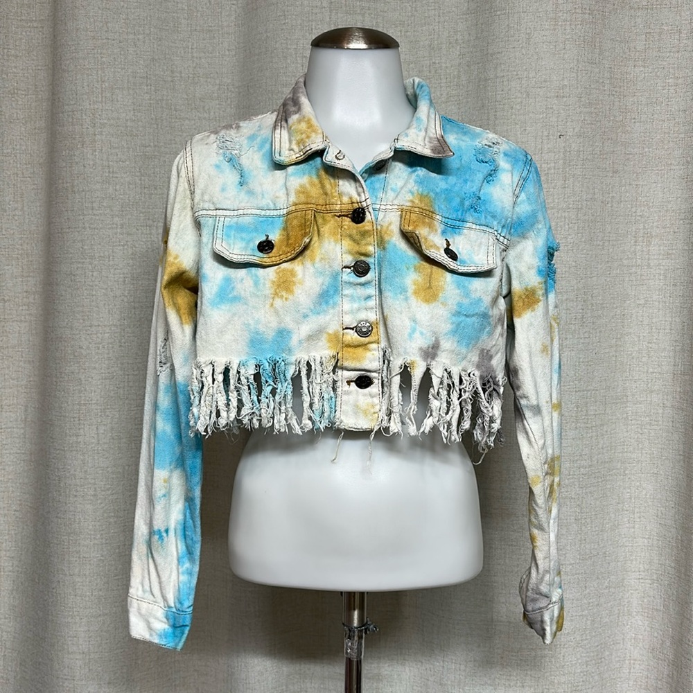 ** SALE - TAXI blue brown tie dye fringe festival cropped distressed jean jacket